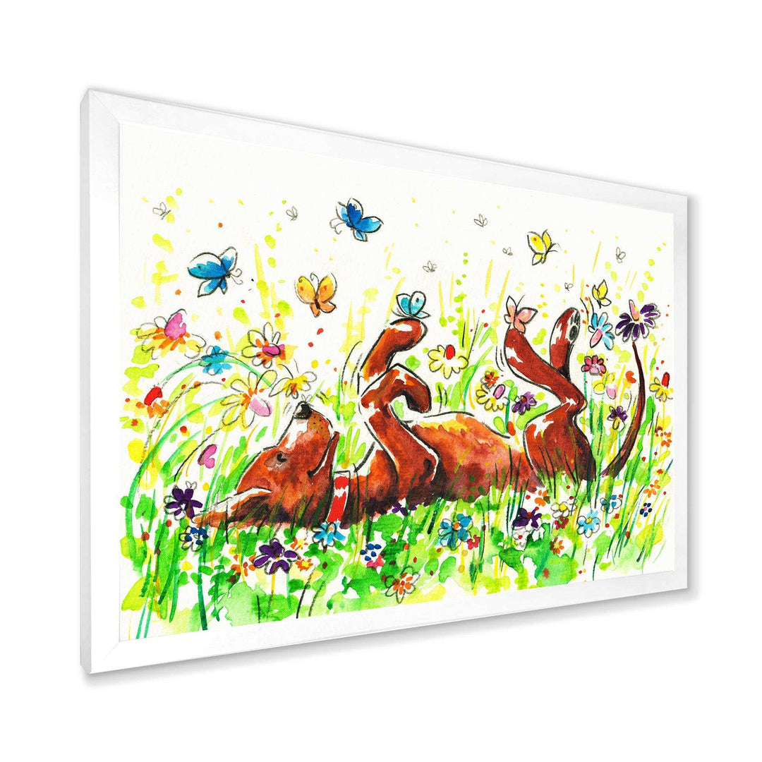 Happy Brown dog with Flowers and Butterfly