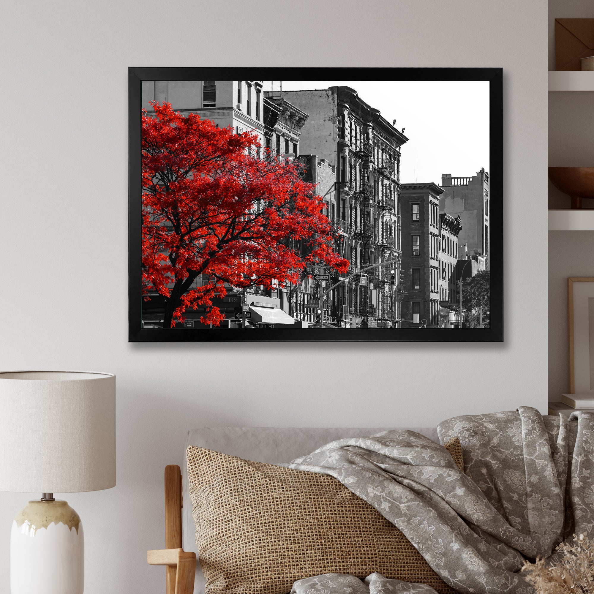 Red Tree on Black and White New York City Street – IDesignart