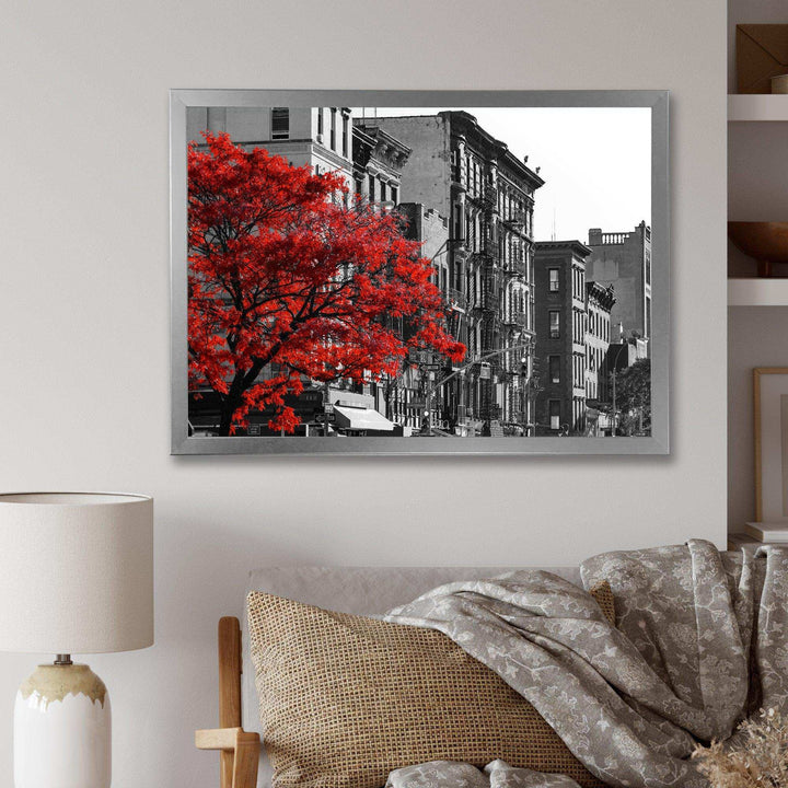 Red Tree on Black and White New York City Street