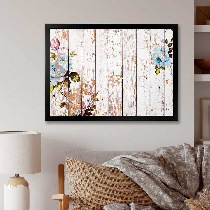 Shabby chic roses on wooden texture - Farmhouse Canvas Wall Art