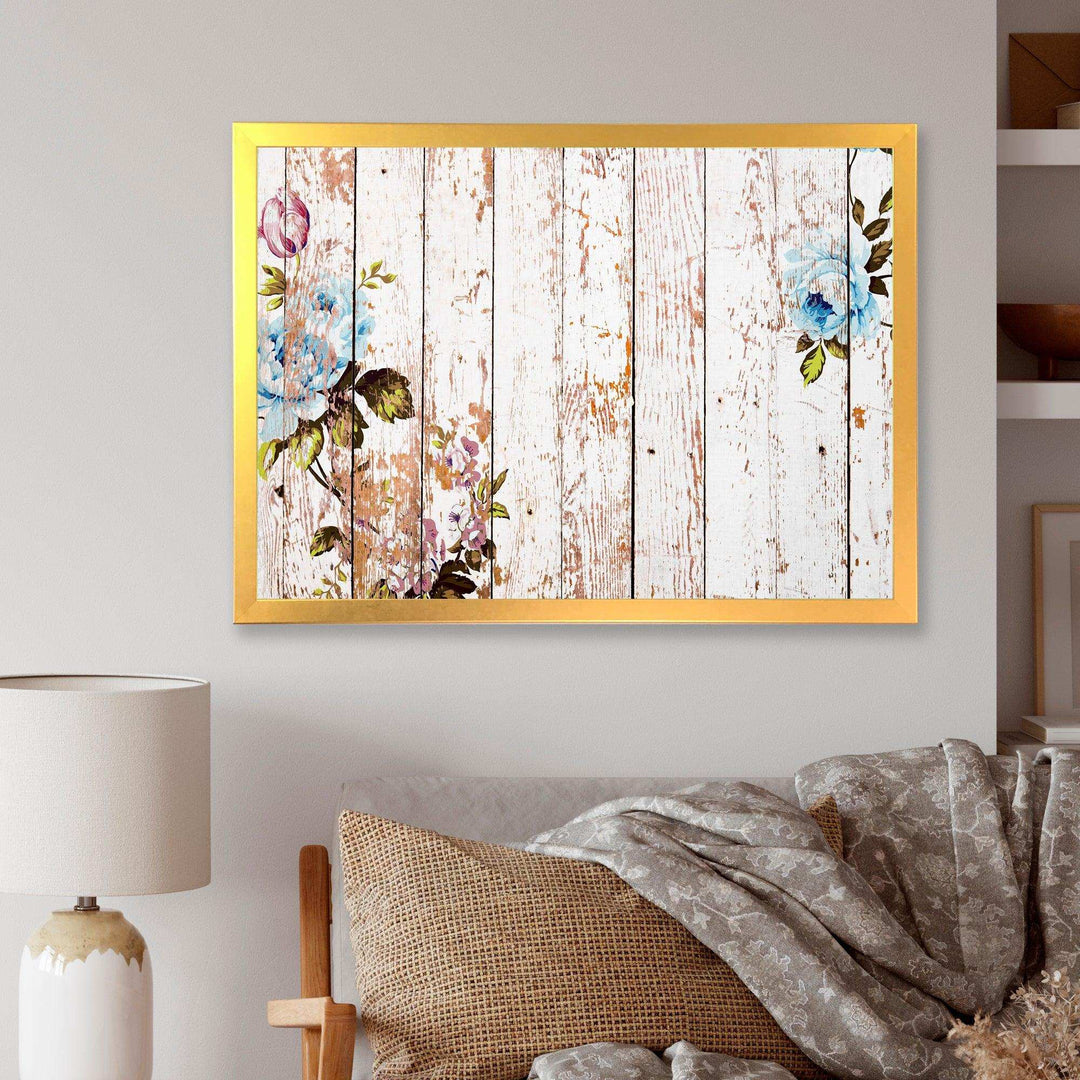 Shabby chic roses on wooden texture - Farmhouse Canvas Wall Art