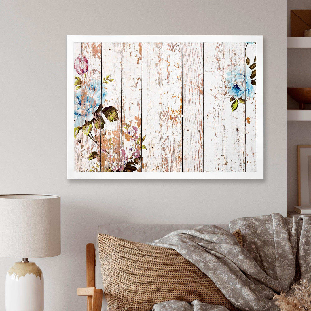 Shabby chic roses on wooden texture - Farmhouse Canvas Wall Art