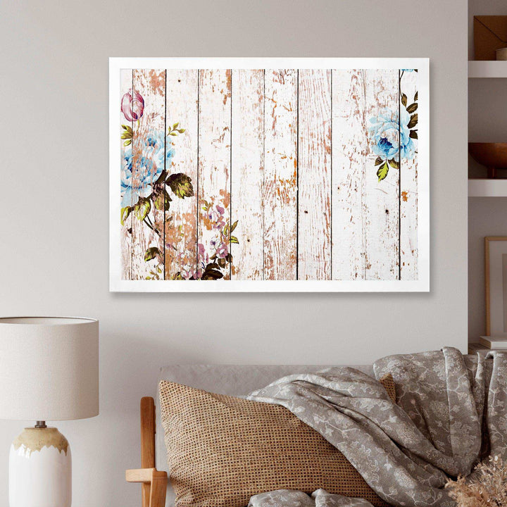 Shabby chic roses on wooden texture - Farmhouse Canvas Wall Art