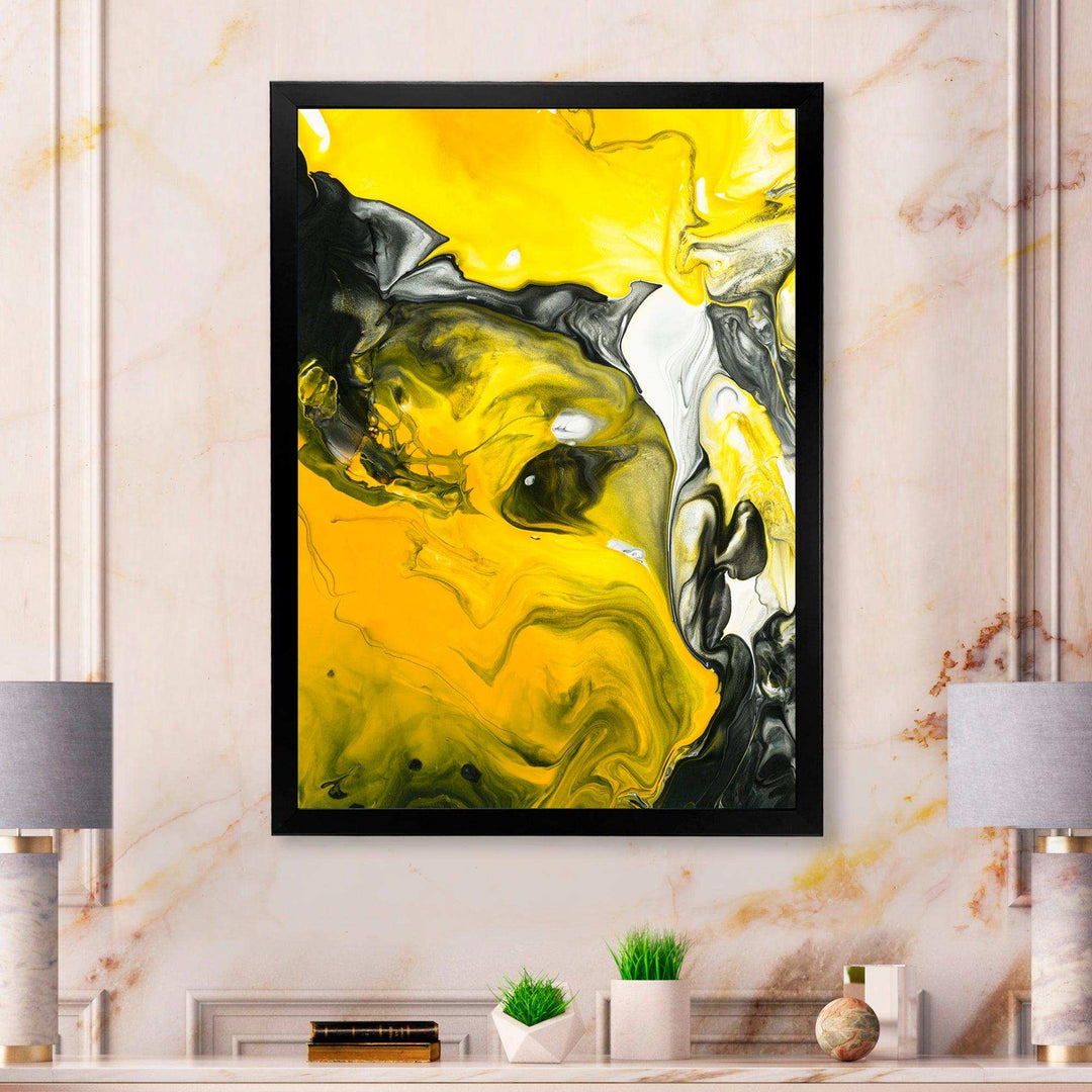 Yellow, White and Black Marbled Acrylic - Modern Canvas Wall Art