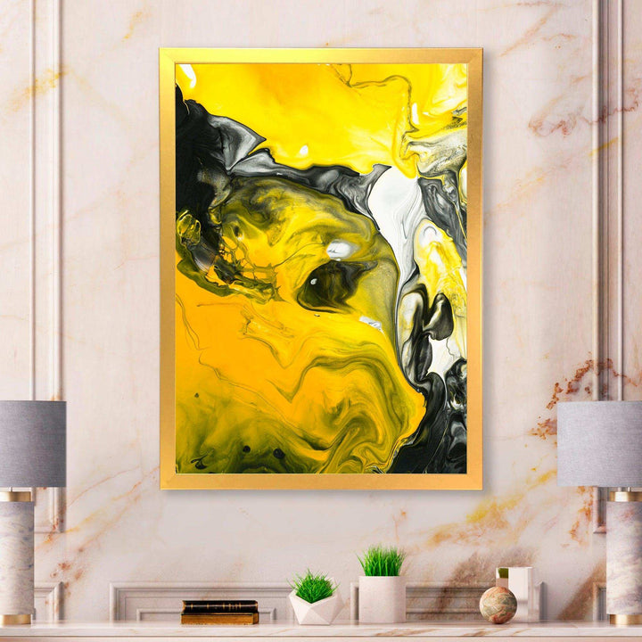 Yellow, White and Black Marbled Acrylic - Modern Canvas Wall Art