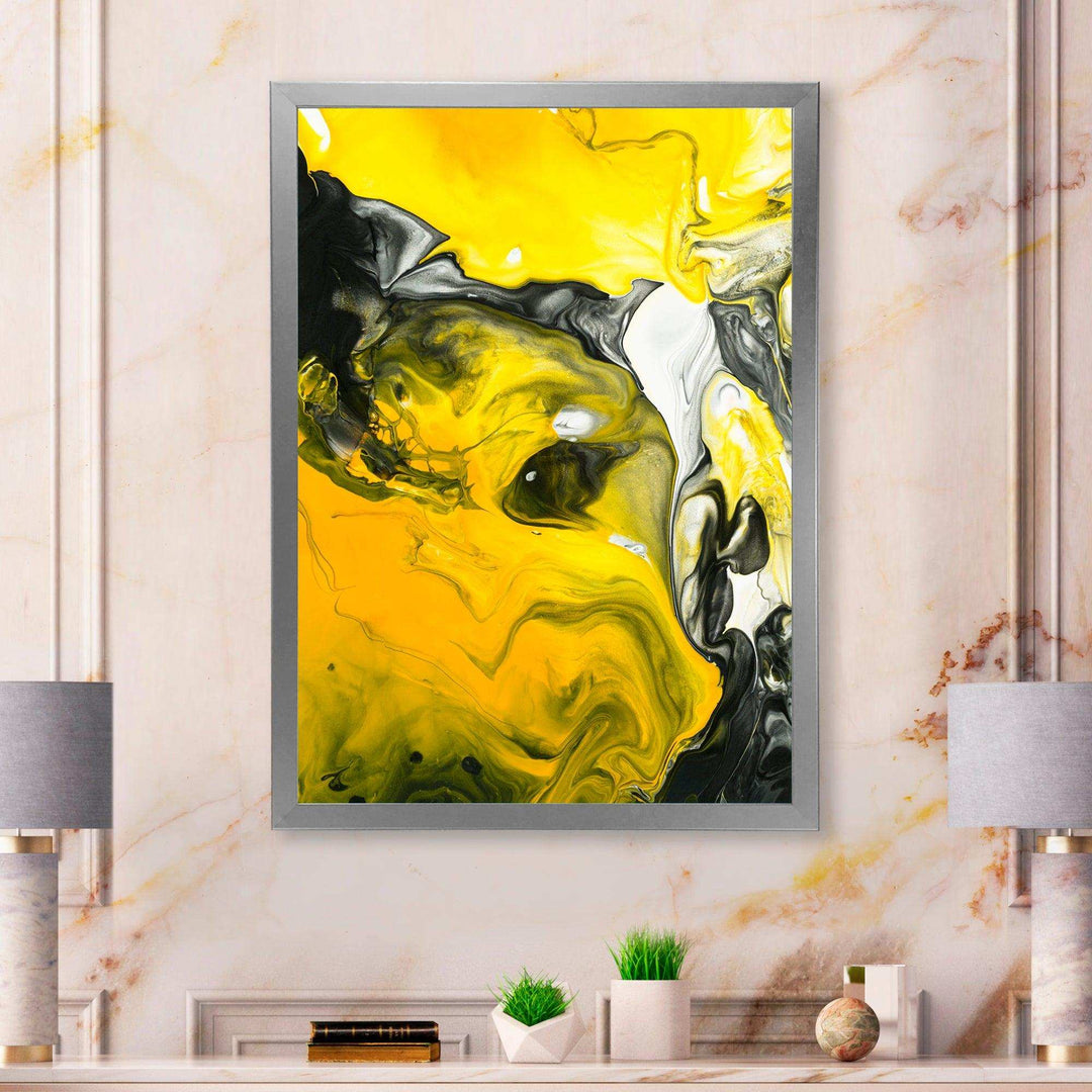 Yellow, White and Black Marbled Acrylic - Modern Canvas Wall Art