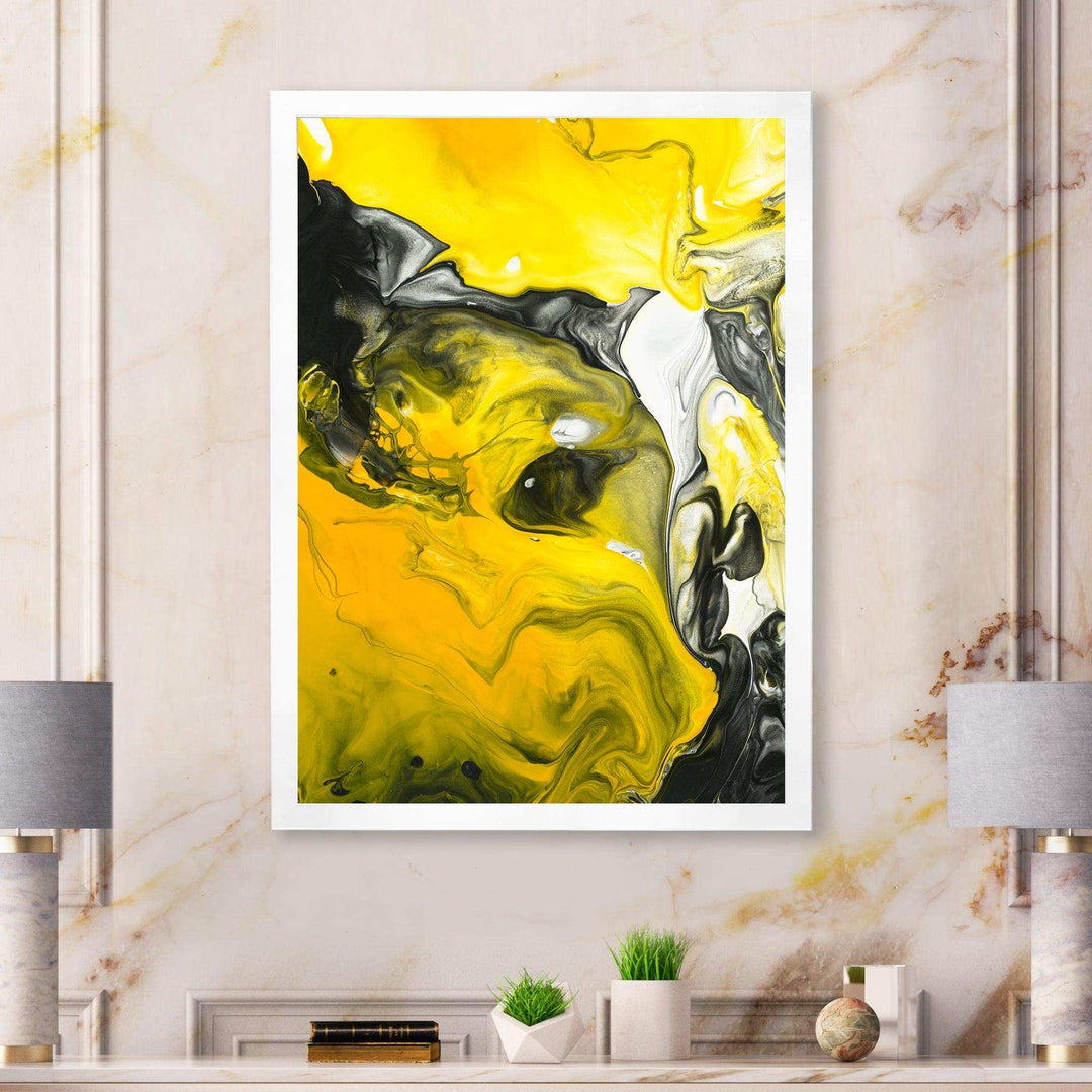 Yellow, White and Black Marbled Acrylic - Modern Canvas Wall Art