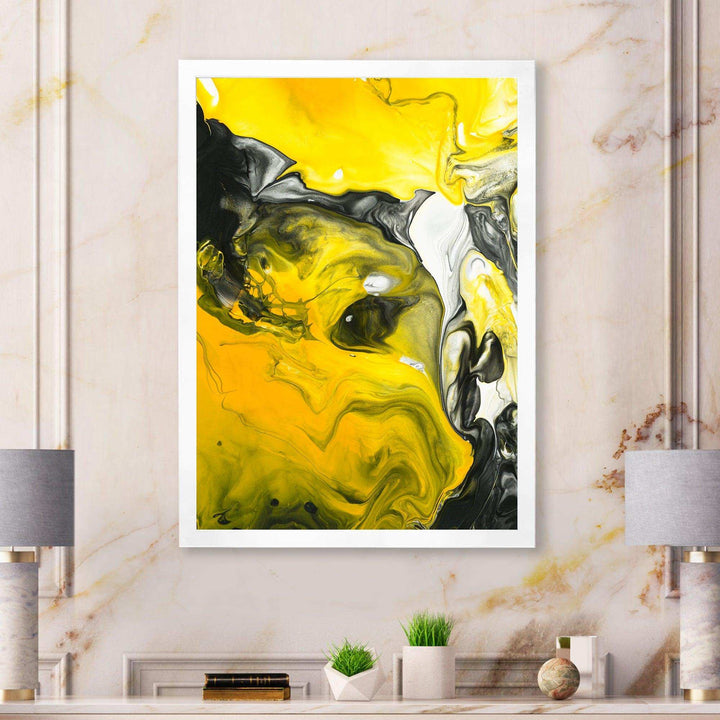 Yellow, White and Black Marbled Acrylic - Modern Canvas Wall Art
