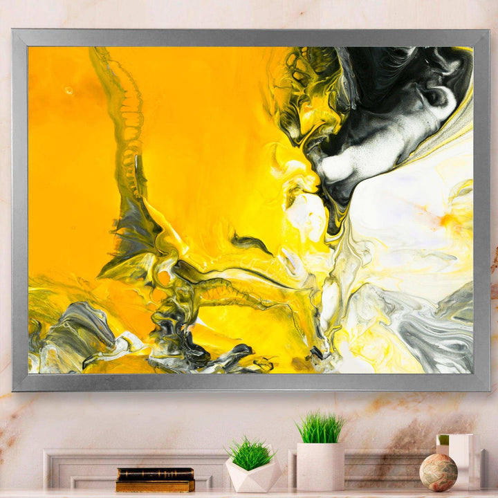 White and Yellow Marbled Acrylic with a cloud of Black - Modern Bedroom Wall Art
