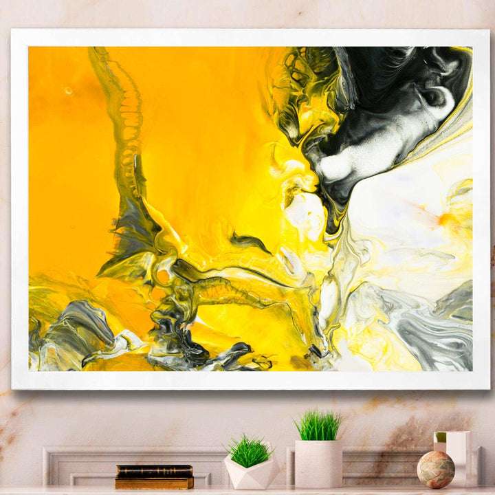 White and Yellow Marbled Acrylic with a cloud of Black - Modern Bedroom Wall Art
