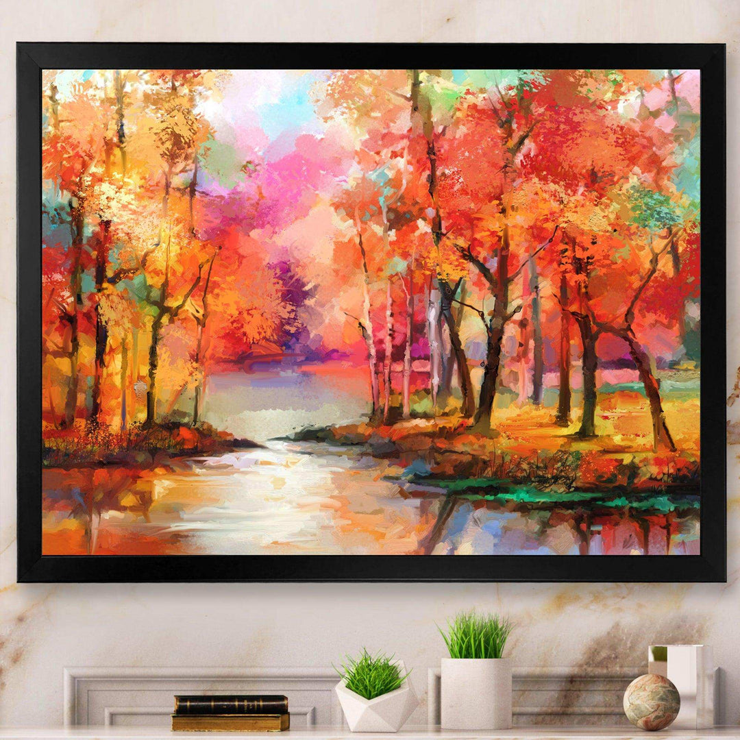 Autumn Aspen Trees In Red Leaf Forest By Lake - Modern Living Room Wall Decor