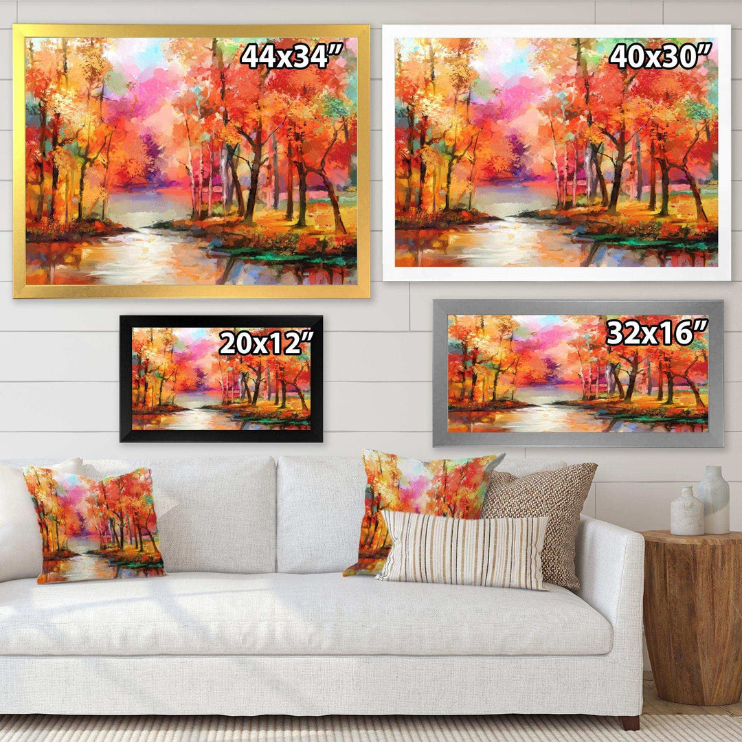 Autumn Aspen Trees In Red Leaf Forest By Lake - Modern Living Room Wall Decor