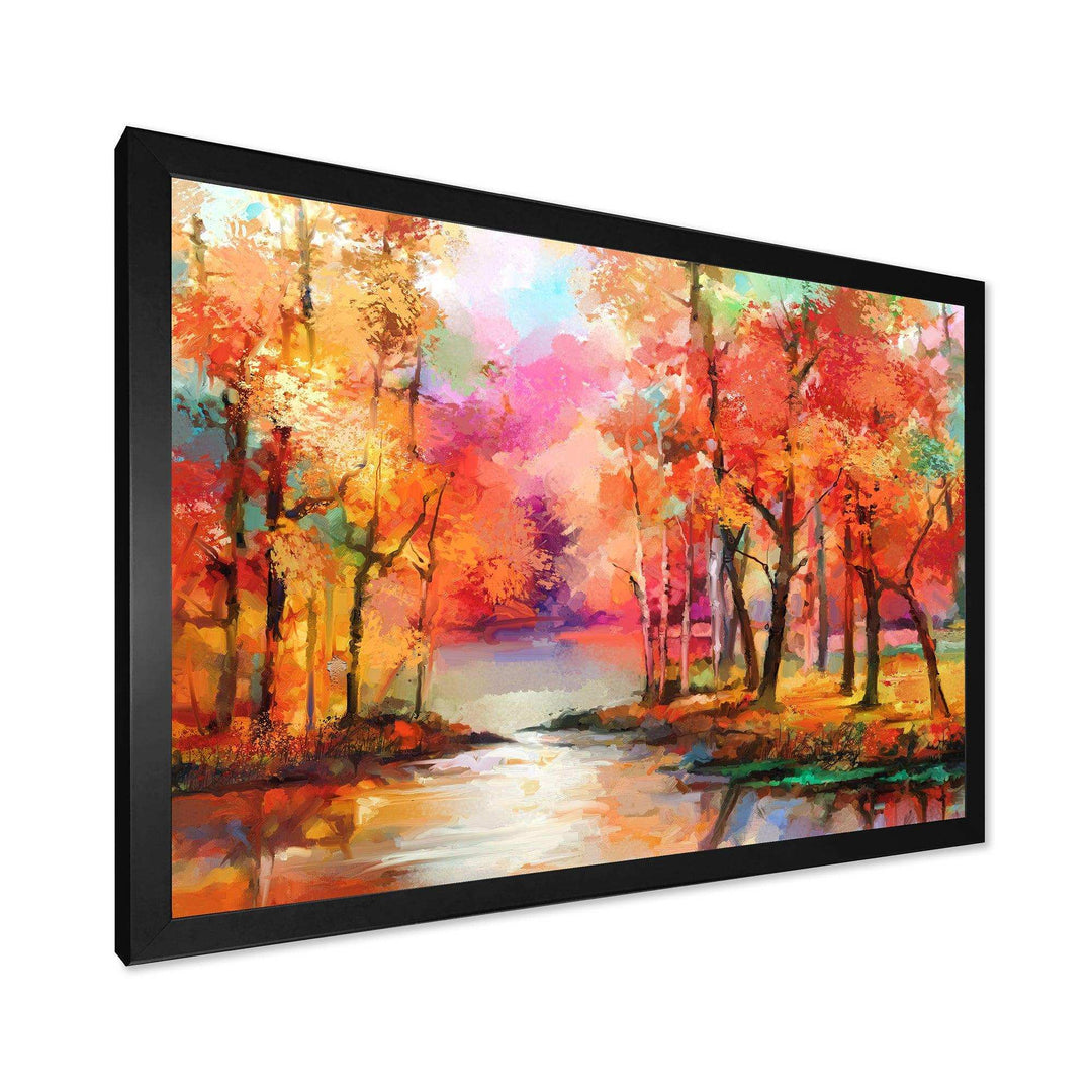 Autumn Aspen Trees In Red Leaf Forest By Lake - Modern Living Room Wall Decor