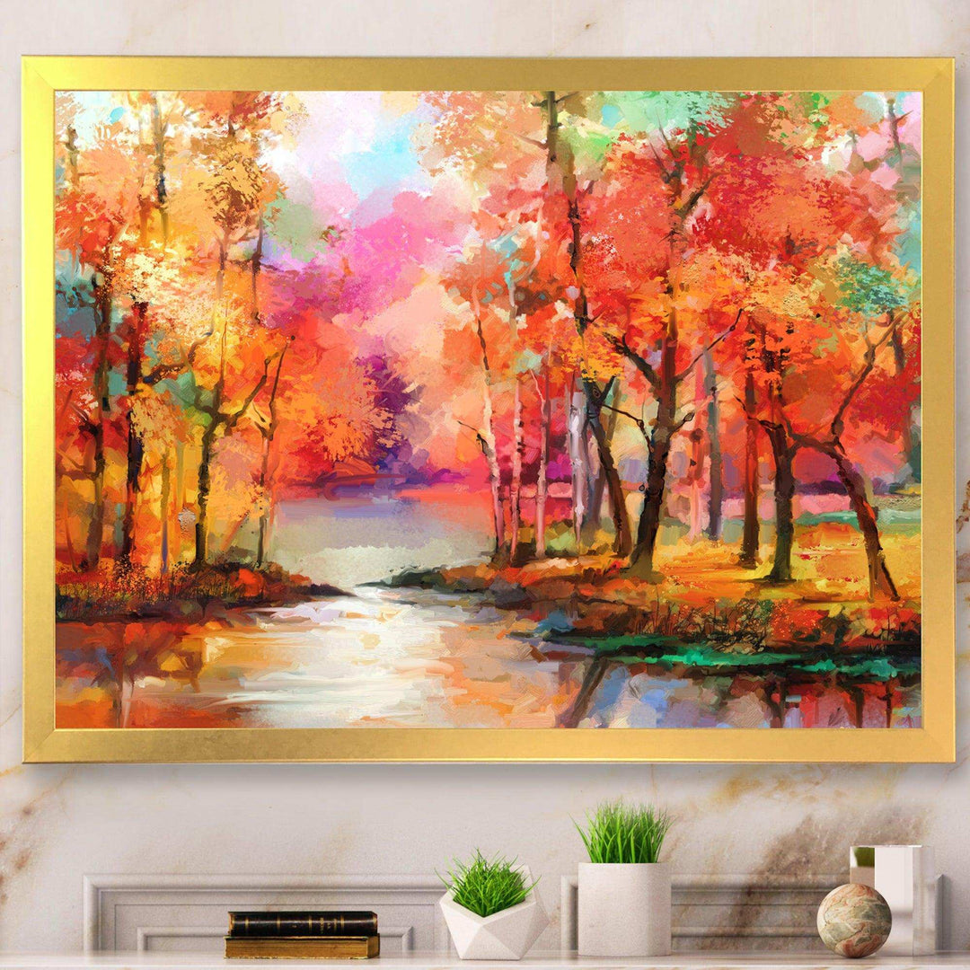 Autumn Aspen Trees In Red Leaf Forest By Lake - Modern Living Room Wall Decor