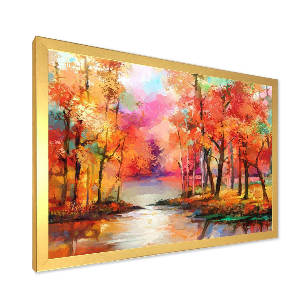 Autumn Aspen Trees In Red Leaf Forest By Lake - Modern Living Room Wall Decor