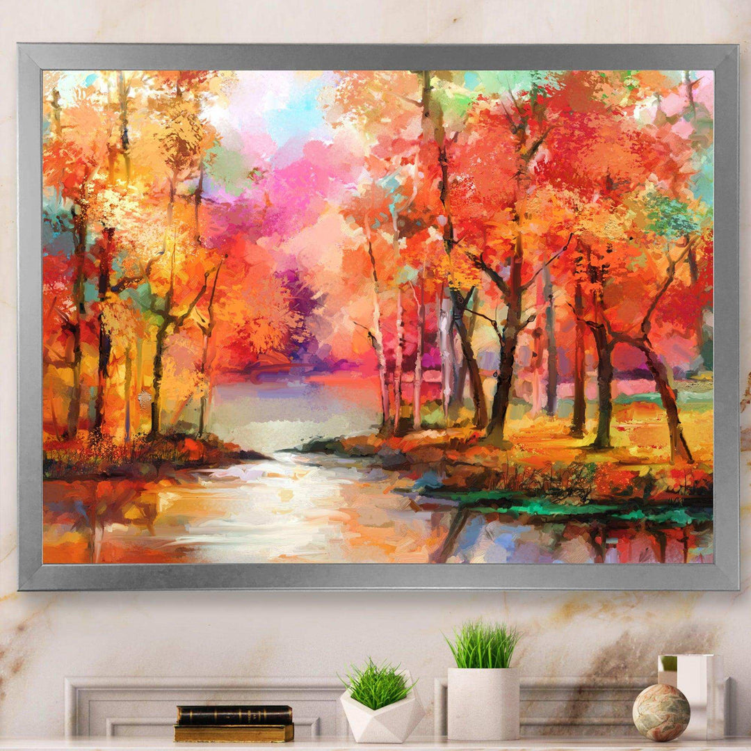 Autumn Aspen Trees In Red Leaf Forest By Lake - Modern Living Room Wall Decor