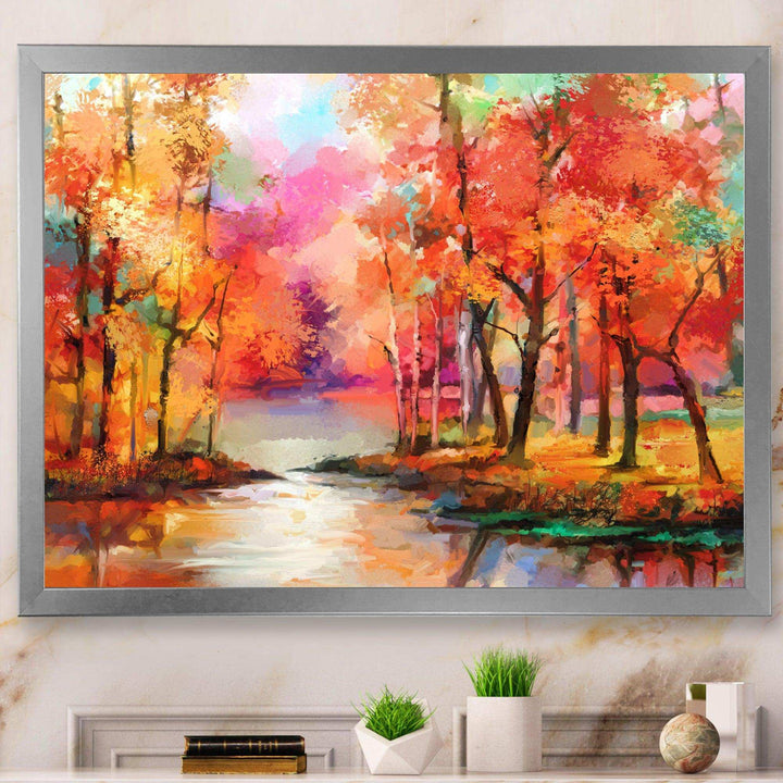 Autumn Aspen Trees In Red Leaf Forest By Lake - Modern Living Room Wall Decor