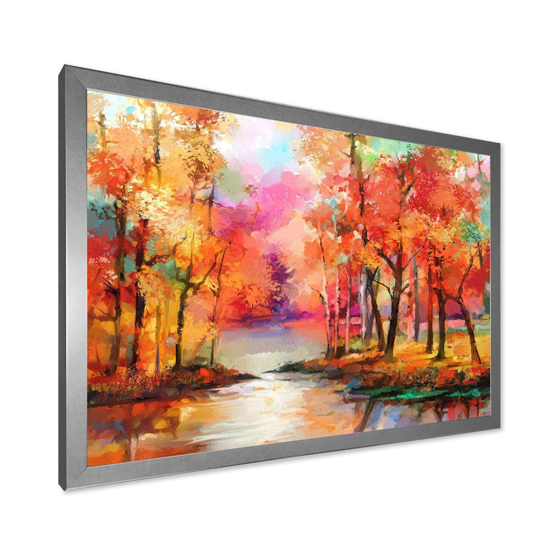 Autumn Aspen Trees In Red Leaf Forest By Lake - Modern Living Room Wall Decor