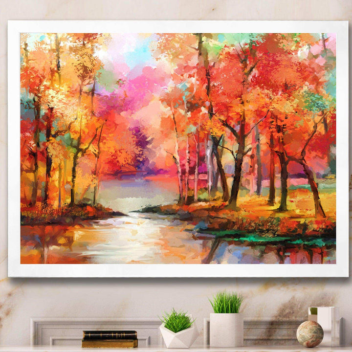 Autumn Aspen Trees In Red Leaf Forest By Lake - Modern Living Room Wall Decor
