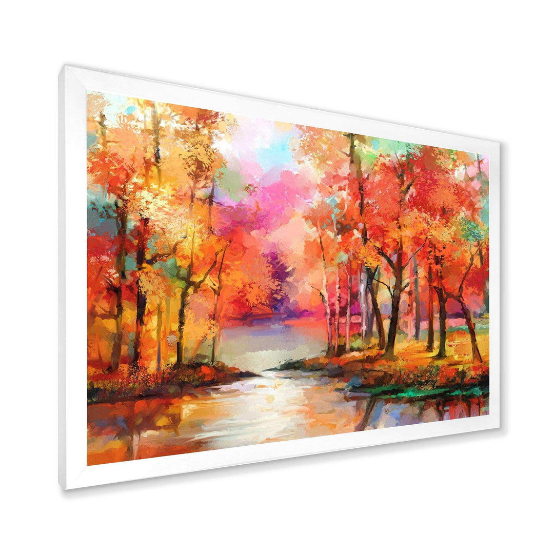 Autumn Aspen Trees In Red Leaf Forest By Lake - Modern Living Room Wall Decor
