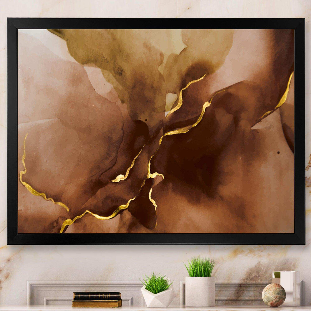 Hand Drawn Watercolor Brown Background With Gold - Modern Wall Art Prints