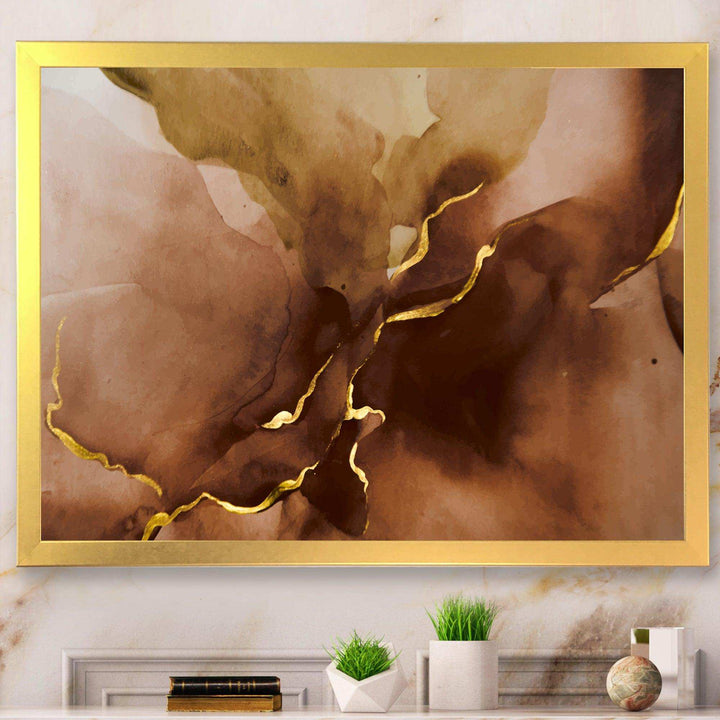 Hand Drawn Watercolor Brown Background With Gold - Modern Wall Art Prints