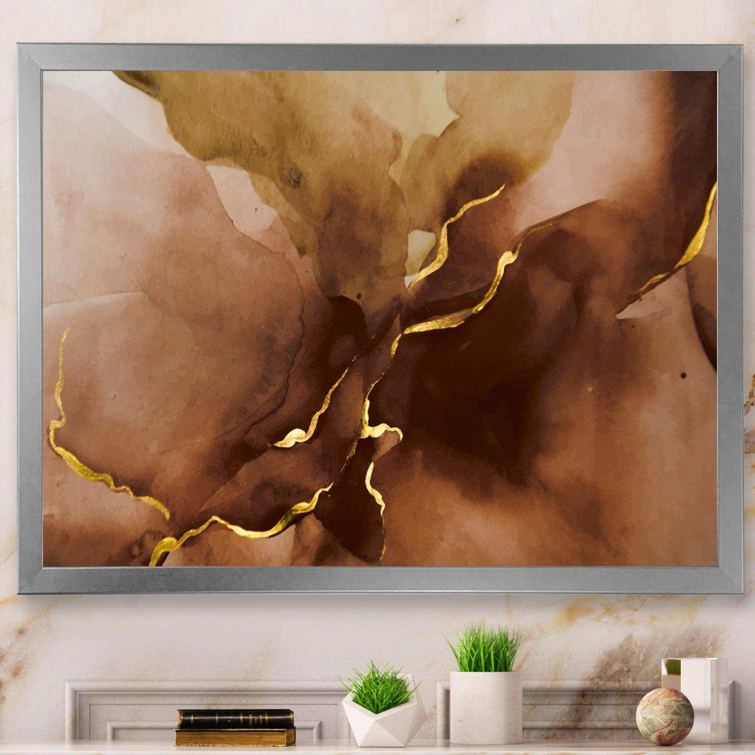 Hand Drawn Watercolor Brown Background With Gold - Modern Wall Art Prints