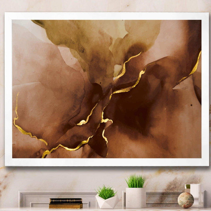 Hand Drawn Watercolor Brown Background With Gold - Modern Wall Art Prints