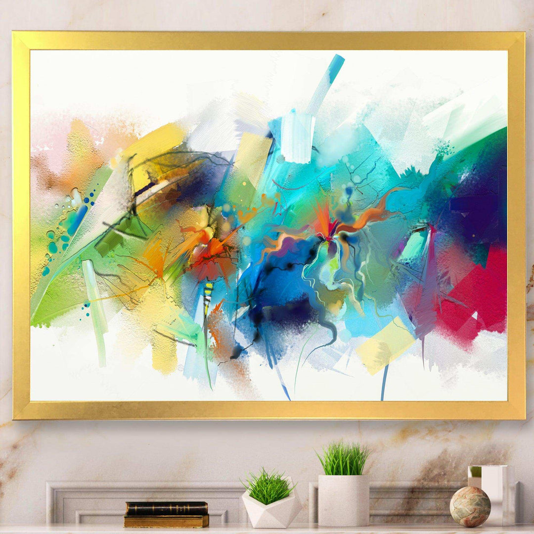 Turquoise Story With Touches Of Yellow And Red - Modern Bedroom Wall Art