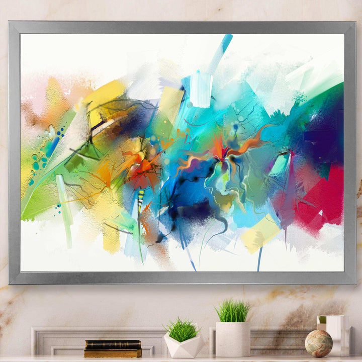 Turquoise Story With Touches Of Yellow And Red - Modern Bedroom Wall Art