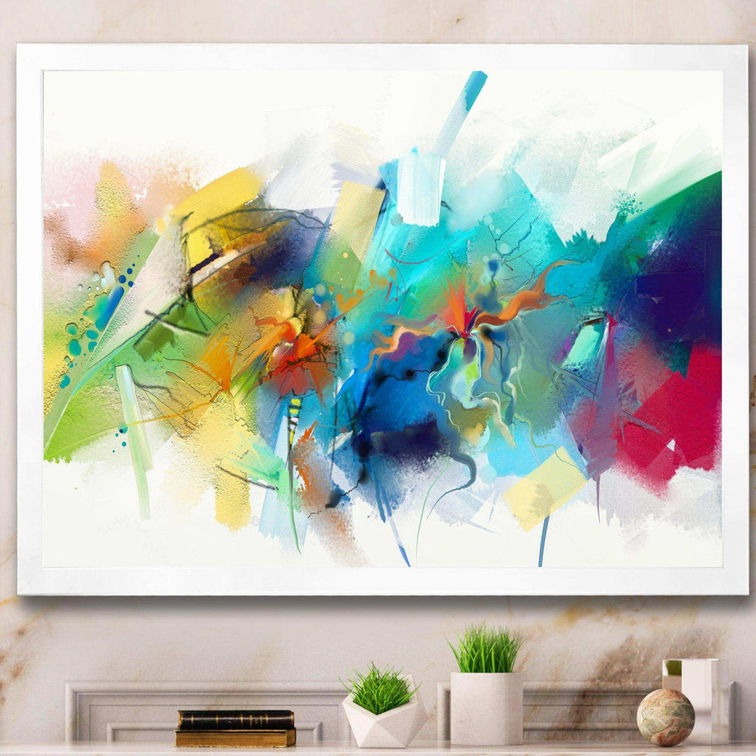 Turquoise Story With Touches Of Yellow And Red - Modern Bedroom Wall Art