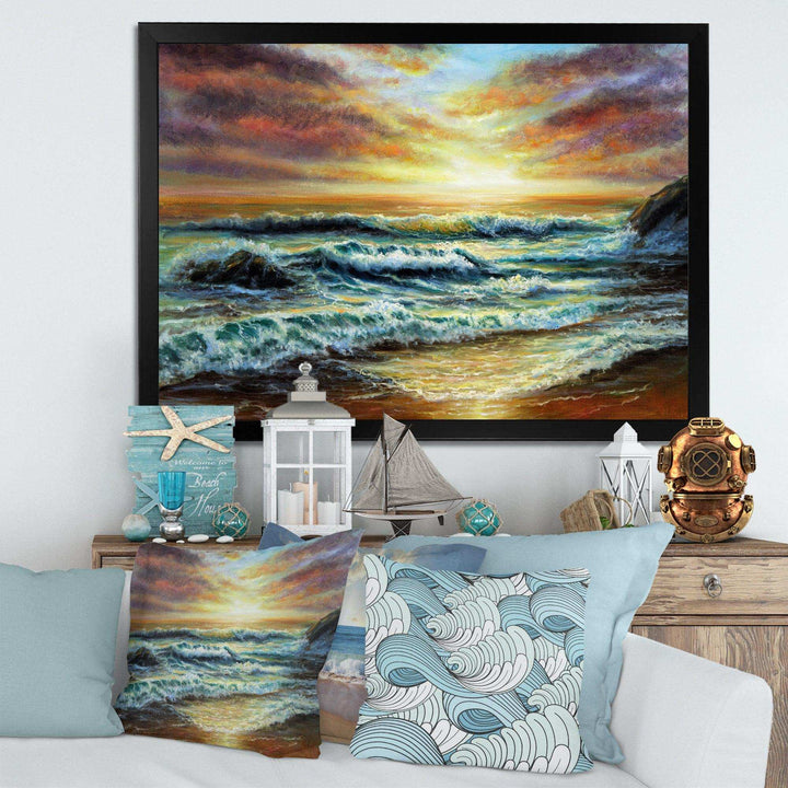 Magnificent Sunset Over Blue Wild Wave Ocean