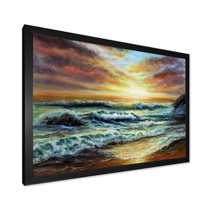Magnificent Sunset Over Blue Wild Wave Ocean