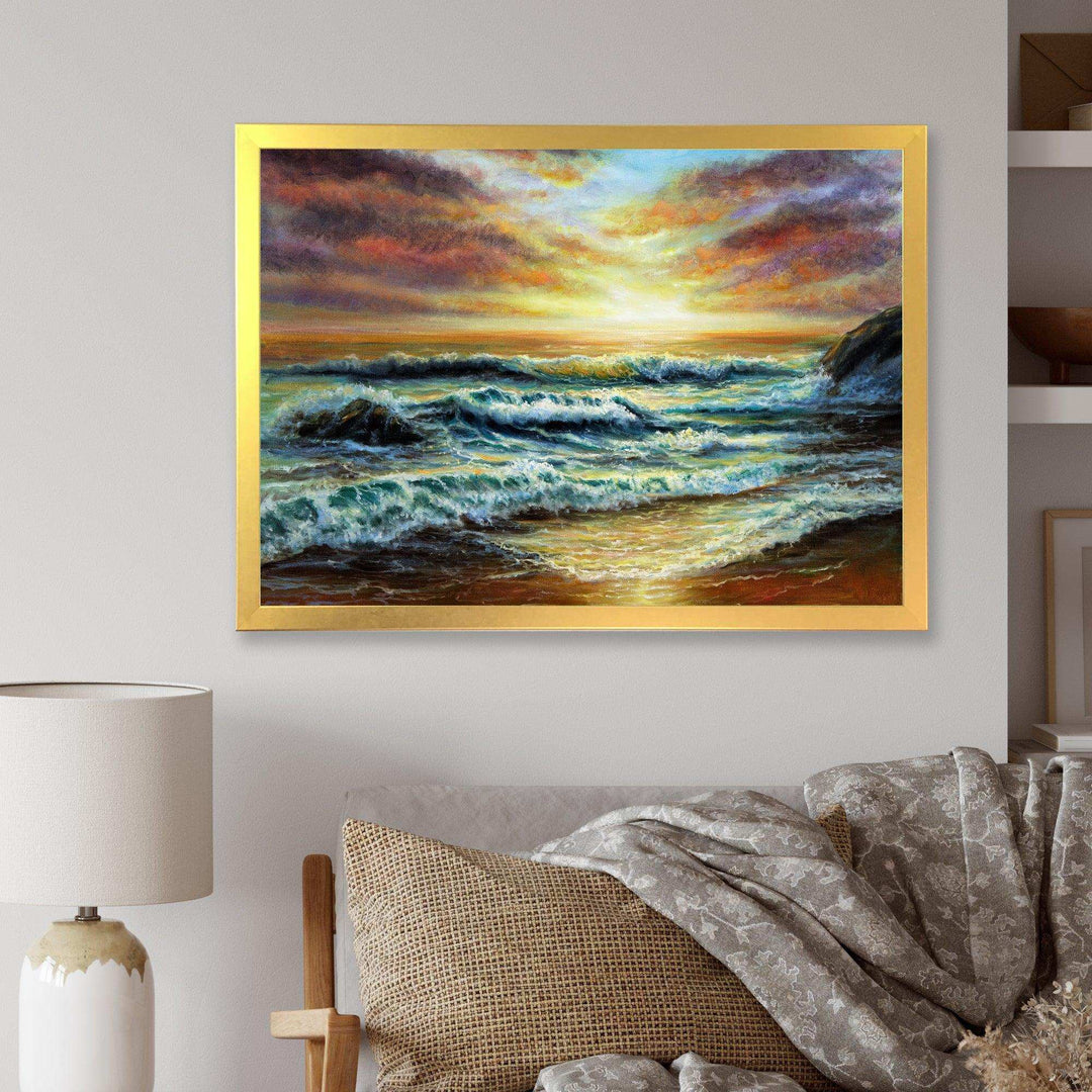 Magnificent Sunset Over Blue Wild Wave Ocean