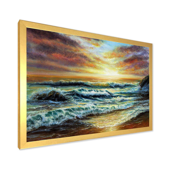 Magnificent Sunset Over Blue Wild Wave Ocean
