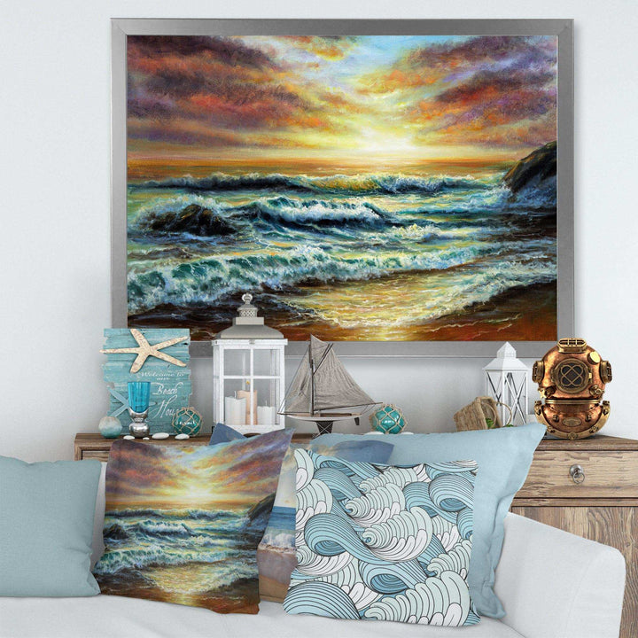 Magnificent Sunset Over Blue Wild Wave Ocean