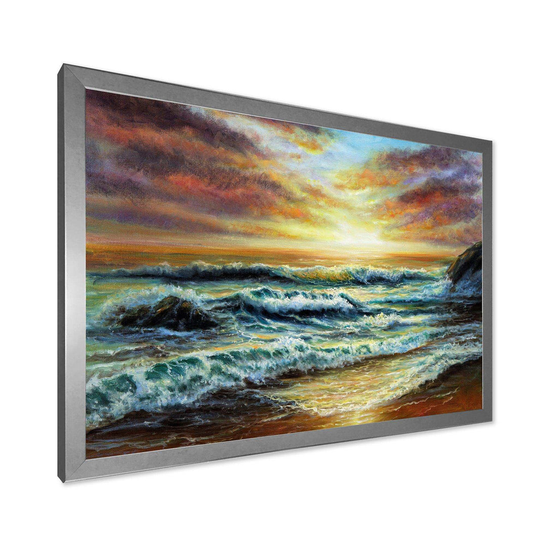 Magnificent Sunset Over Blue Wild Wave Ocean