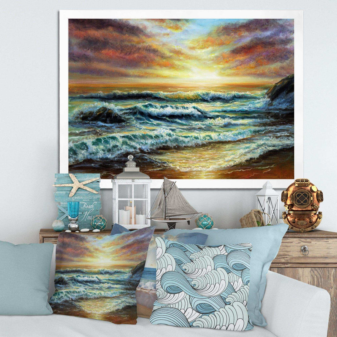Magnificent Sunset Over Blue Wild Wave Ocean