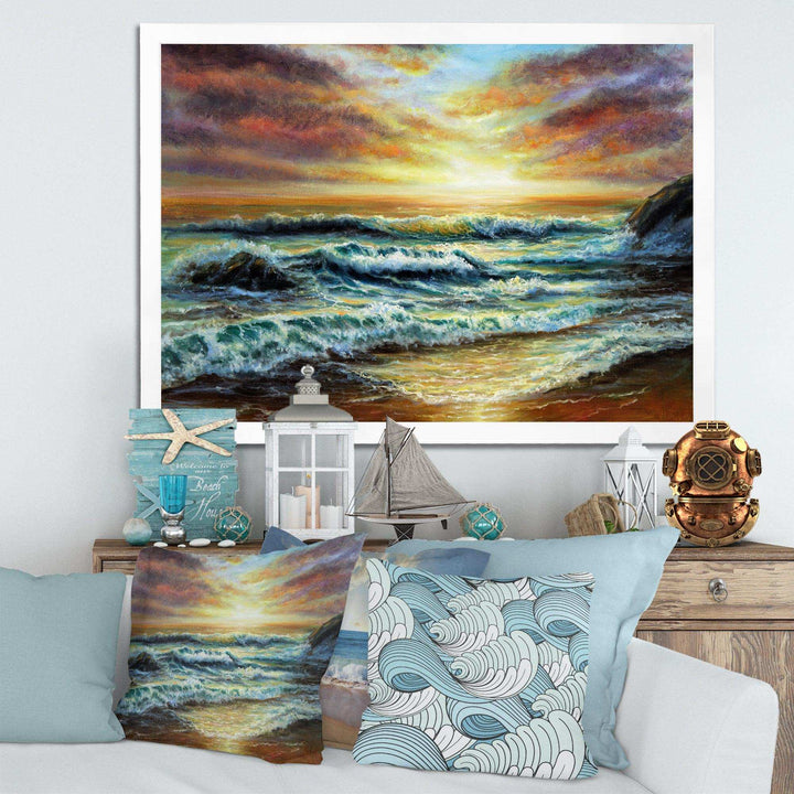 Magnificent Sunset Over Blue Wild Wave Ocean