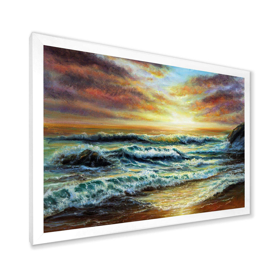 Magnificent Sunset Over Blue Wild Wave Ocean