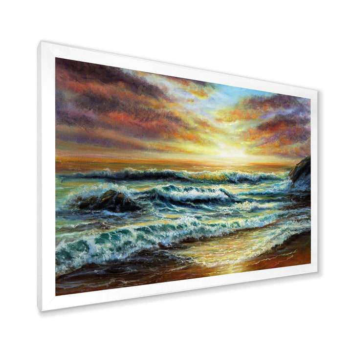 Magnificent Sunset Over Blue Wild Wave Ocean