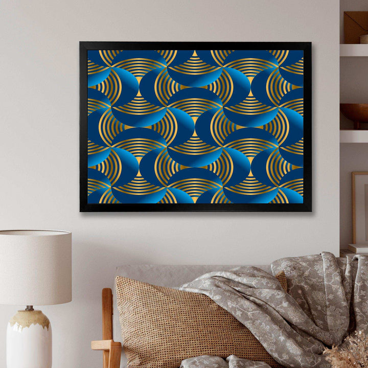 Geometric abstract waves in gold and marine blue - Wall Art Prints