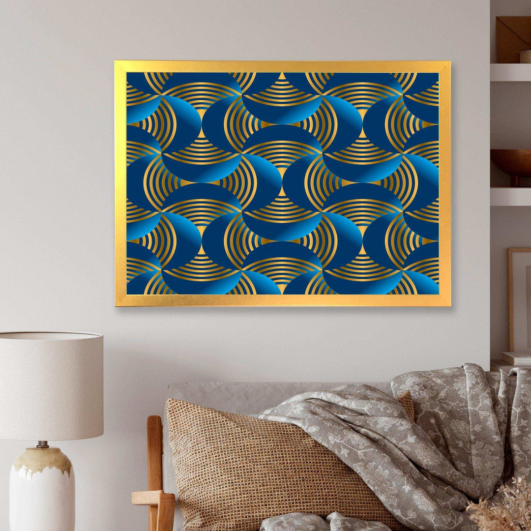 Geometric abstract waves in gold and marine blue - Wall Art Prints