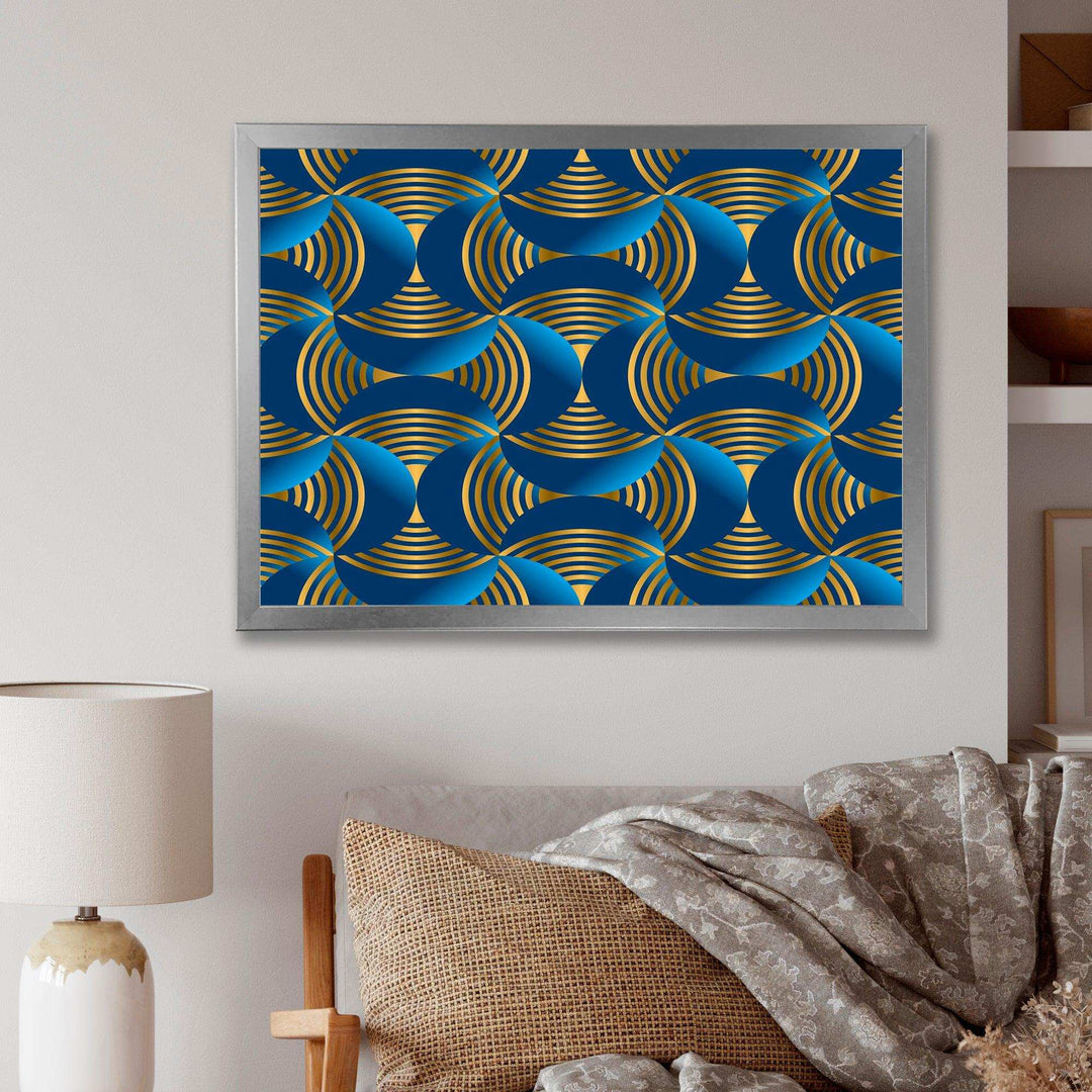 Geometric abstract waves in gold and marine blue - Wall Art Prints