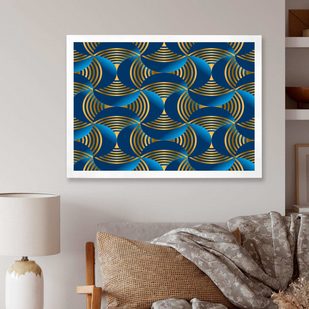 Geometric abstract waves in gold and marine blue - Wall Art Prints