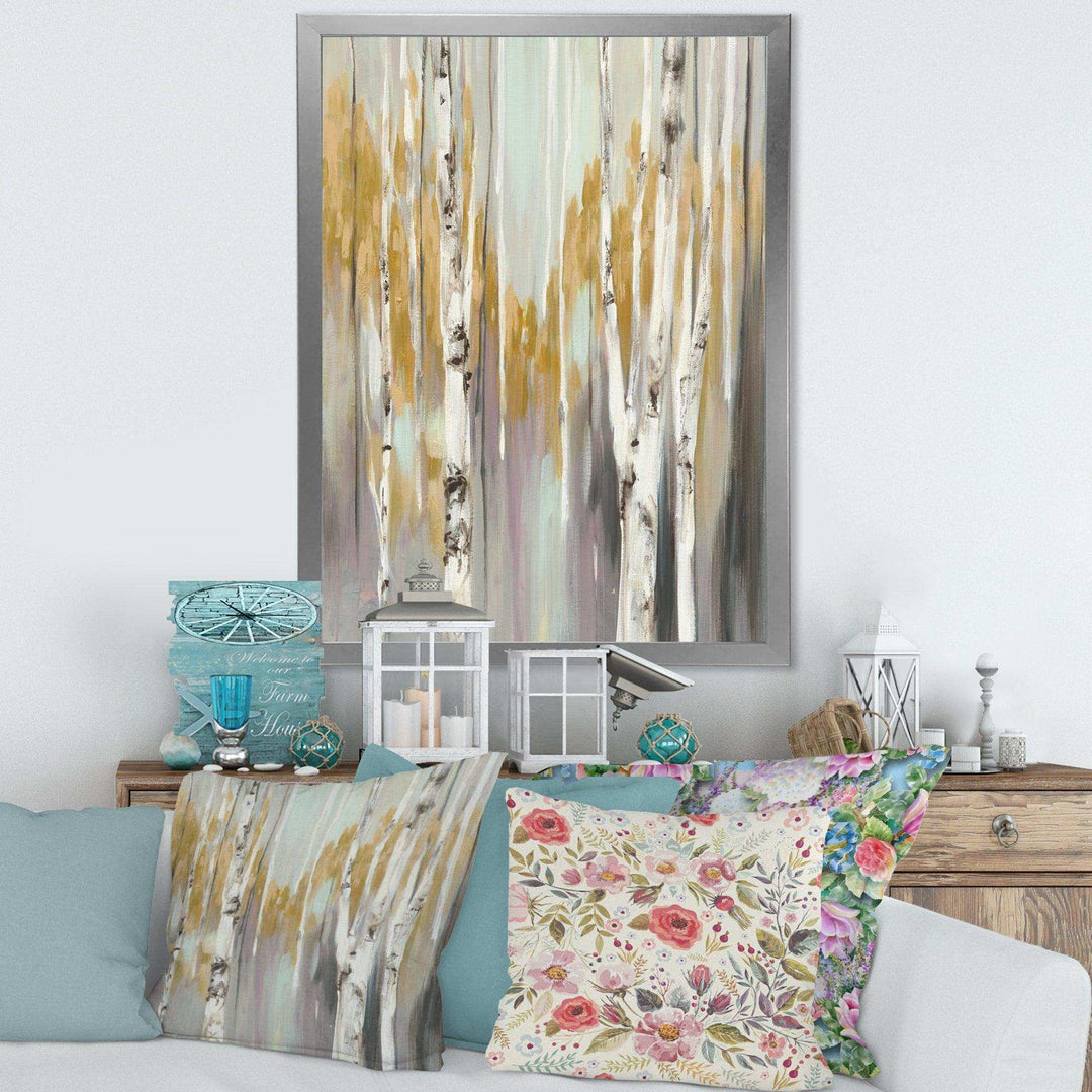 Silver and Yellow Birch Forest II - Farmhouse Bedroom Wall Art