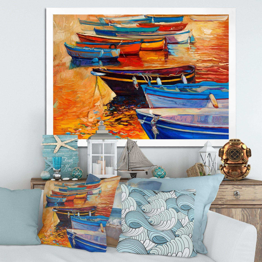 Boats In The Harbor During Warm Colourd Sunset I