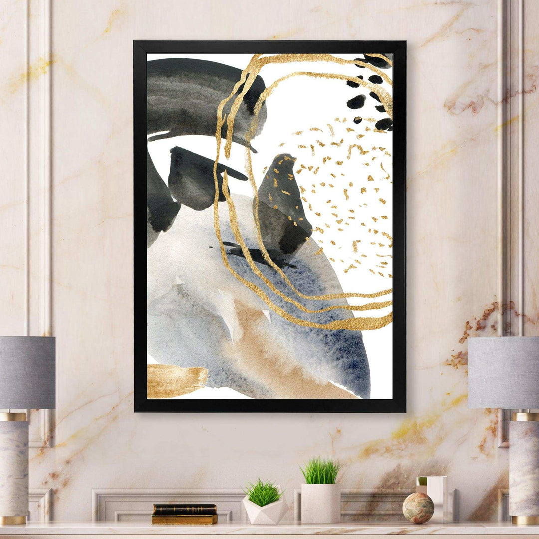 Pastel Abstract With Blue Black Beige &amp; Gold Spots - Modern Living Room Wall Decor