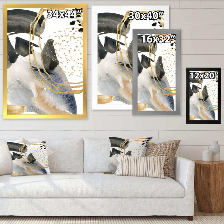 Pastel Abstract With Blue Black Beige &amp; Gold Spots - Modern Living Room Wall Decor