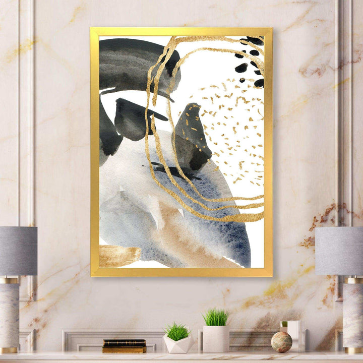 Pastel Abstract With Blue Black Beige &amp; Gold Spots - Modern Living Room Wall Decor